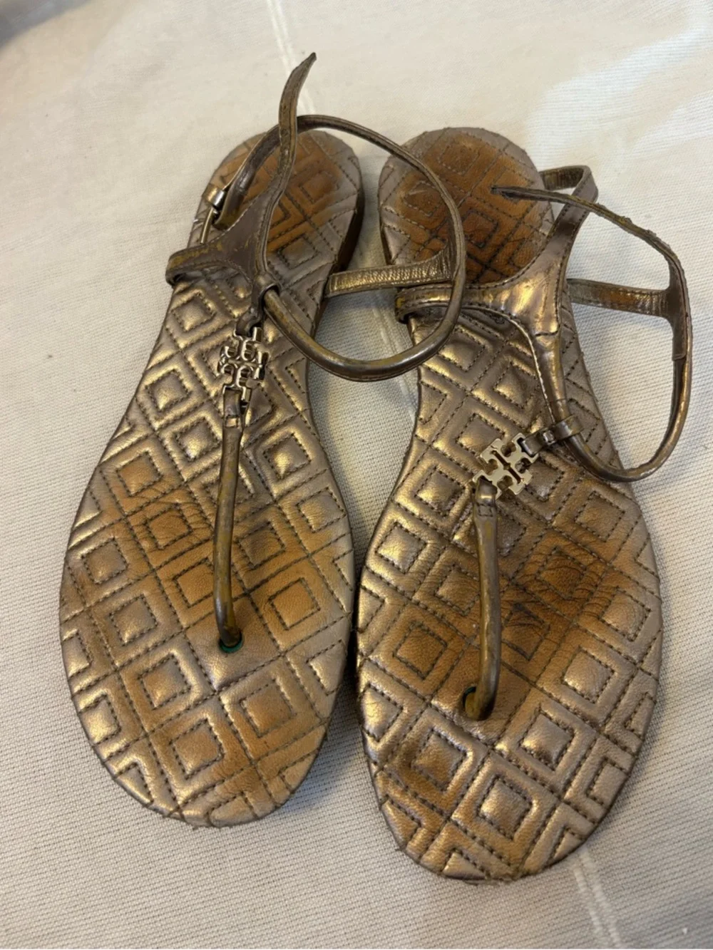 Tory Burch Marion Quilted‎ Leather T-Strap Sandal Mica Size 5
